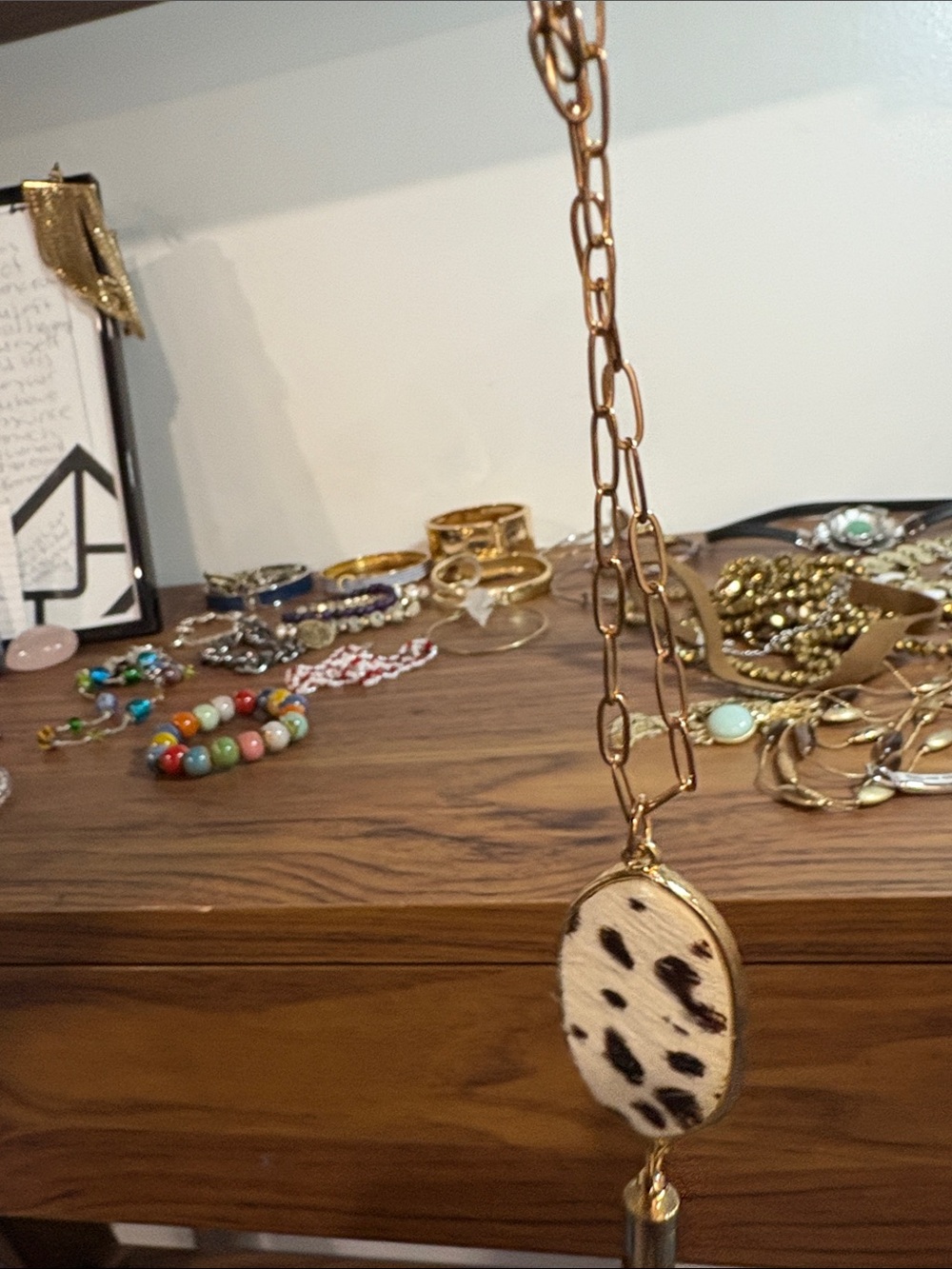 Gold Chain Necklace with Cowhide Oval Pendant